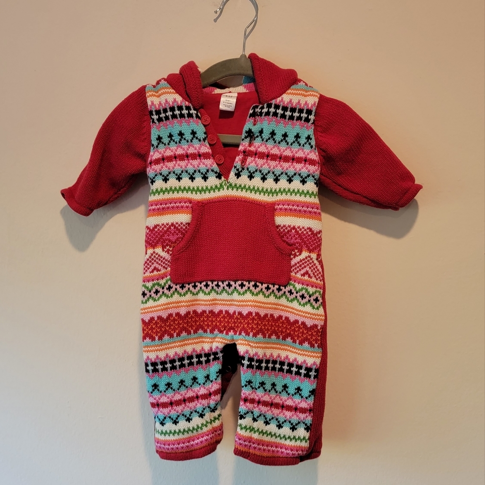 Gap baby 0-3 months red sweater onsie with argyle hood isle print pom hood